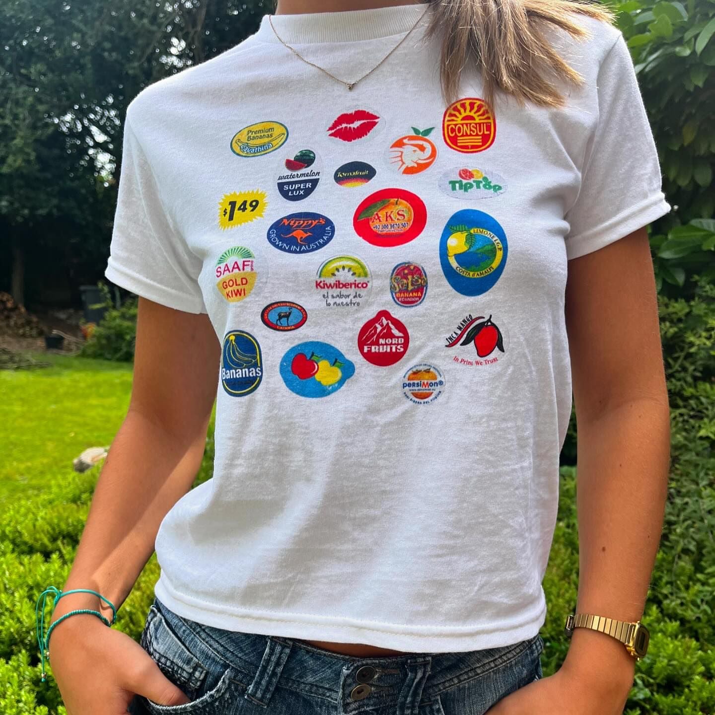 fruit stickers baby tee - In Print We Trust