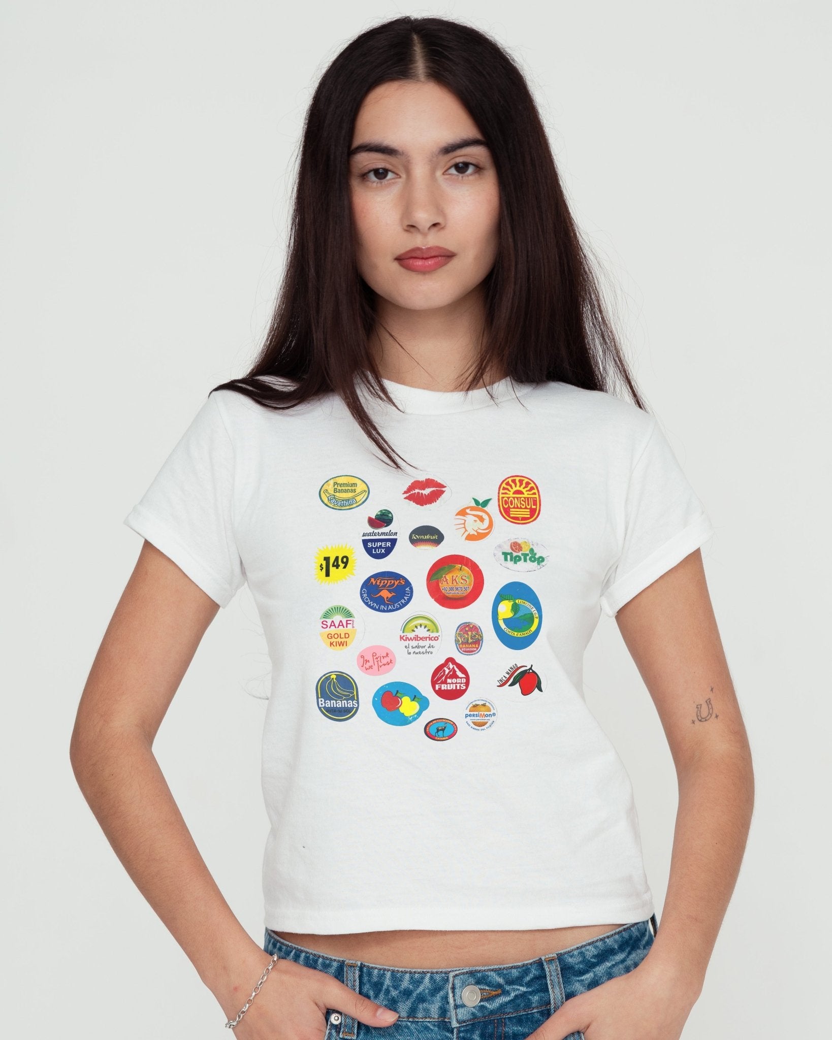 fruit stickers baby tee - In Print We Trust