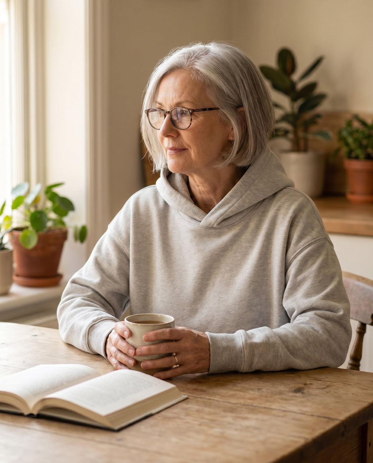 A 58-year-old woman at a kitchen table wearing the Sensory Hoodie