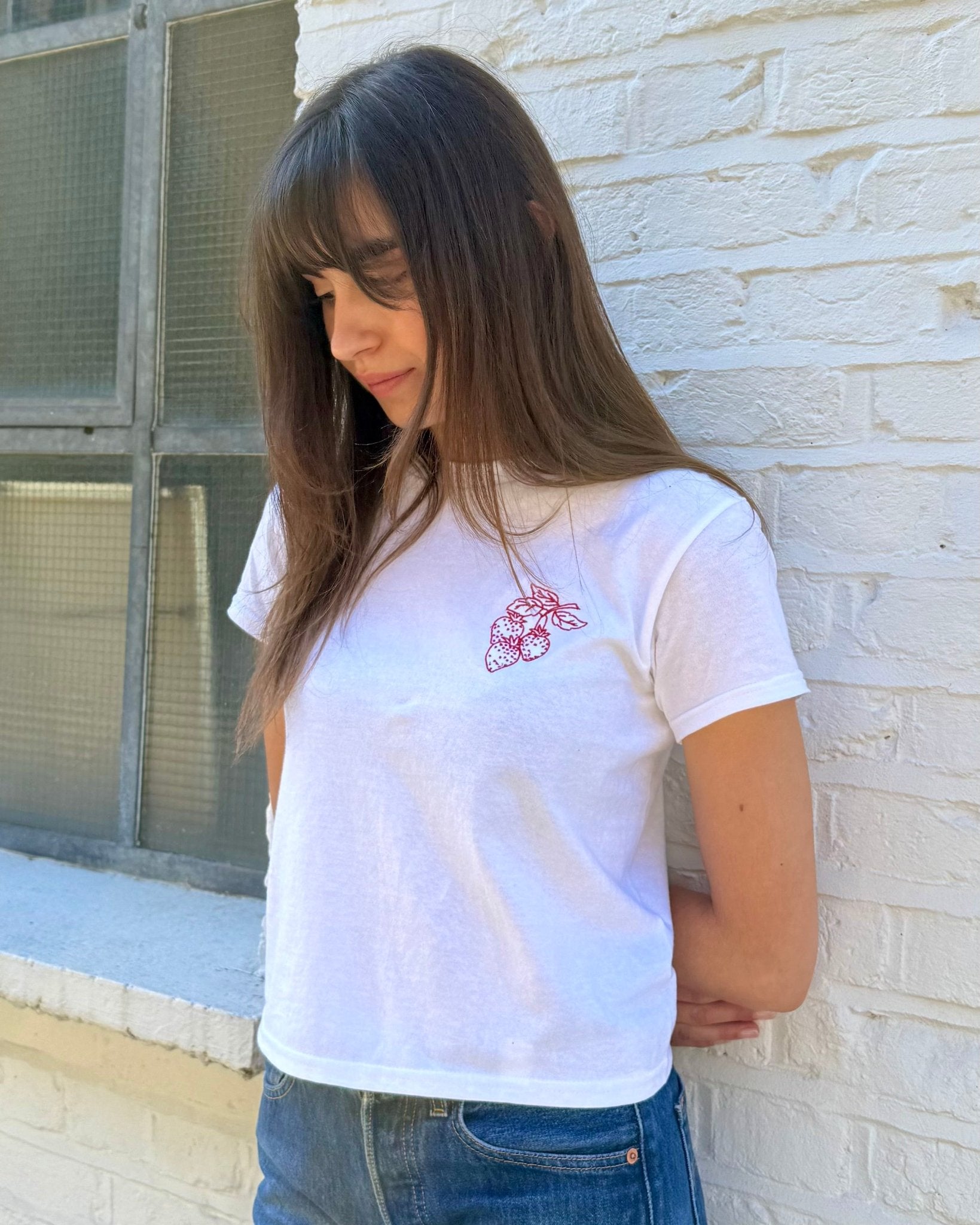 strawberry embroidered baby tee - In Print We Trust