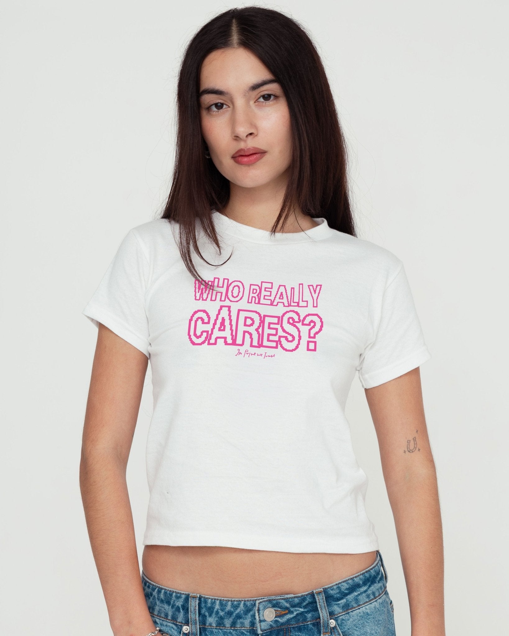 who really cares baby tee - In Print We Trust